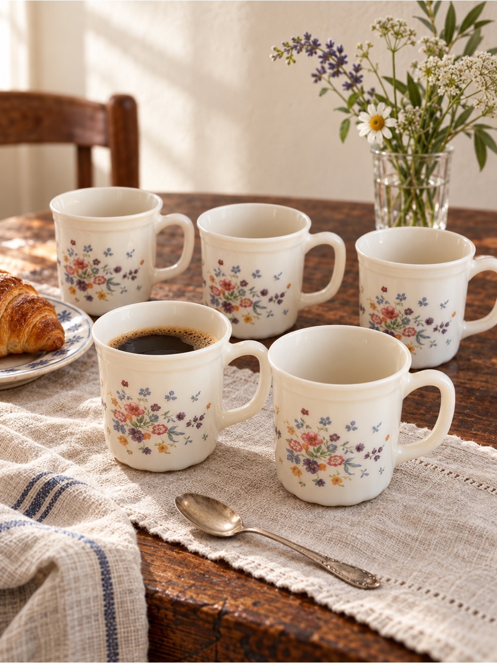 Vintage Floral Milk Glass Coffee Mugs Set of 5 Arcopal France
